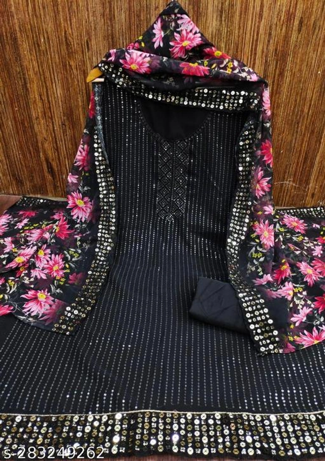Embroidered Unstitched Suit for Women (Black & Pink, 2.25 m)