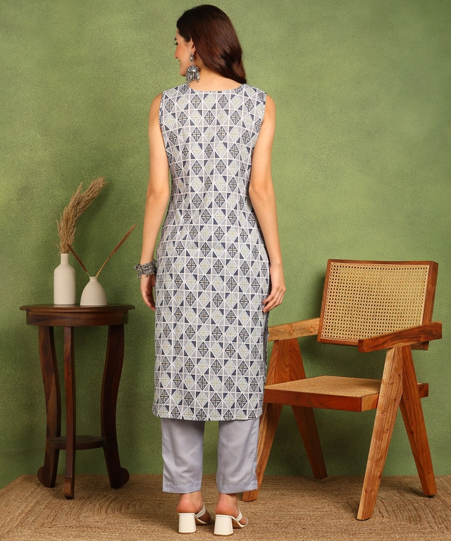 Cotton Blend Printed Kurti with Pant for Women (Grey, S)