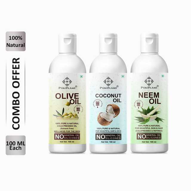 PuriFlame Pure Olive Oil (100 ml) & Coconut Oil (100 ml) & Neem Oil (100 ml) Combo For Rapid Hair Growth (Pack Of 3) (B-6149)