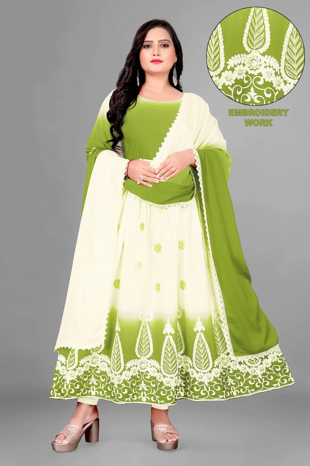 Jute Silk Ethnic Motif Gown with Dupatta for Women (Green & White, S)