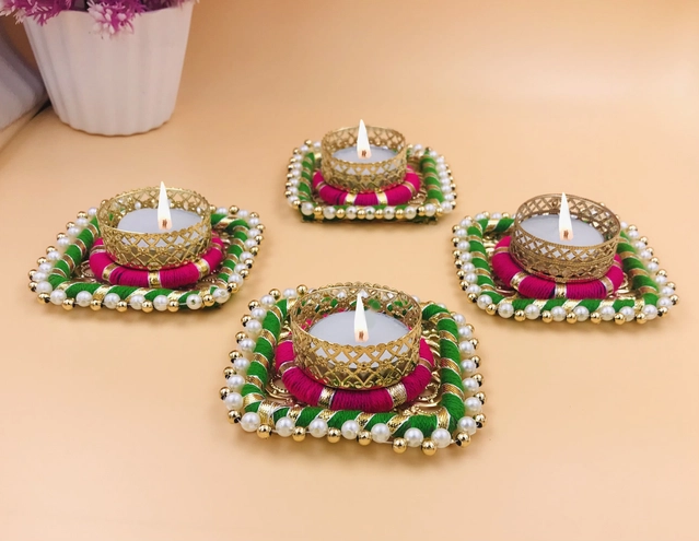 Metal Designer Tealight Candle Holder (Multicolor, 8x8x2.5 cm) (Pack of 4)