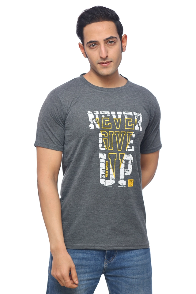 Round Neck Printed T-Shirt for Men (Grey, M)