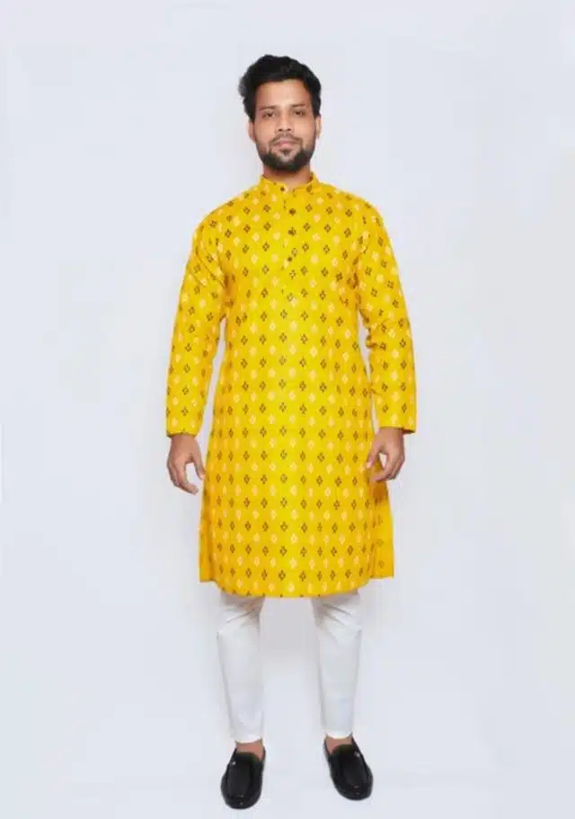 Cotton Printed Full Sleeves Kurta with Pyjama for Men (Yellow, M)