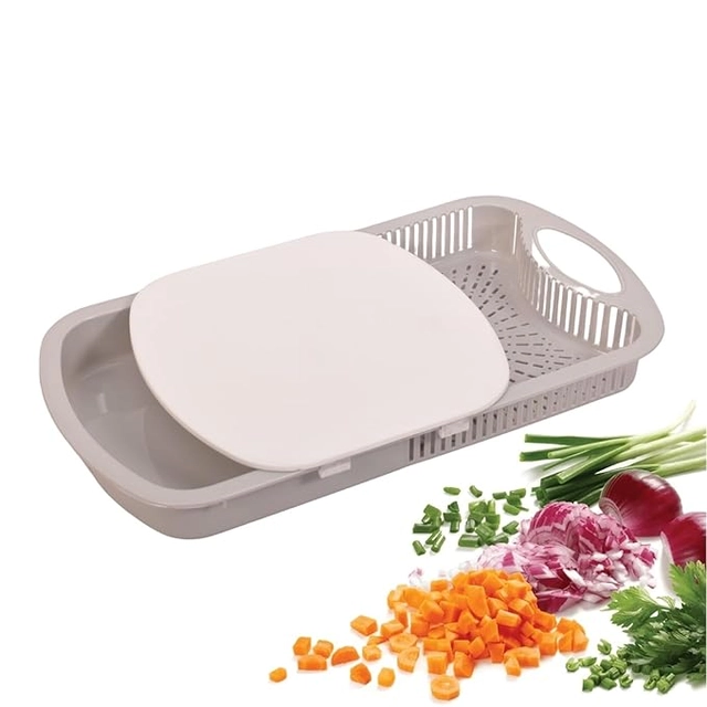 Plastic Chopping Board with Strainer for Kitchen (Grey)