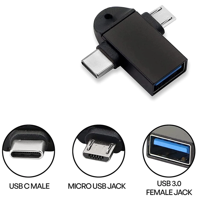 Metal USB to Type C & B 2-in-1 OTG Adapter (Black, Pack of 2)