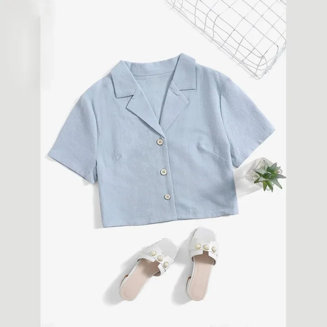 Half Sleeves Solid Crop Shirt for Women (Sky Blue, S)