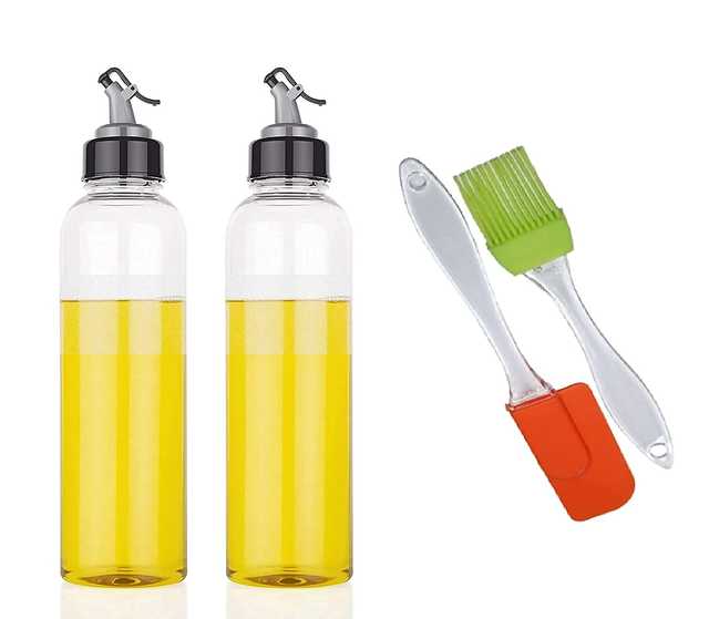 Abhay Trading Oil Dispenser 1 Litre Combo Plastic Oil Bottle For Olive Oil With Vinegar Cruet Soy Sauce For Kitchen With Silicone Spatula And Brush (Pack Of 4) (Ab_003)