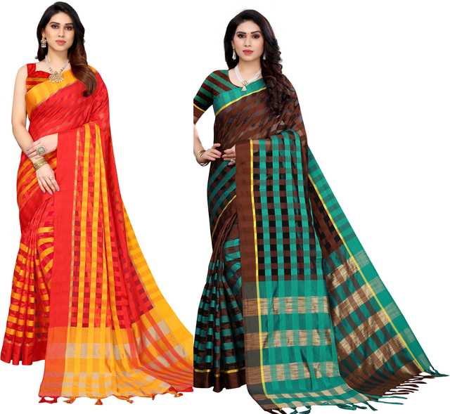 Elegant Cotton Blend Women Saree With Unstitched Blouse (Pack of 2) (Red & Brown) (SV-046)