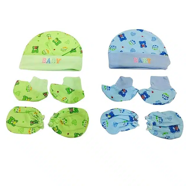 Cotton Printed Cap, Mittens and Booties for Infants (Multicolor, 0-6 Months)