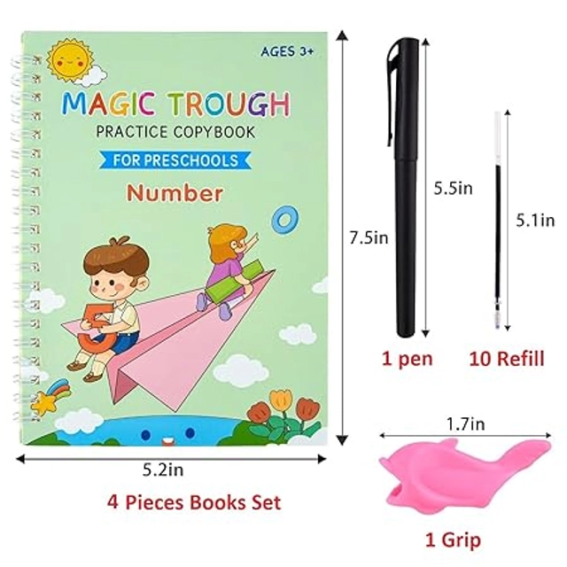 Practice 4 Pcs Copybook with 10 Pcs Refill, Pen & Grip for Kids (Multicolour, Set of 1)