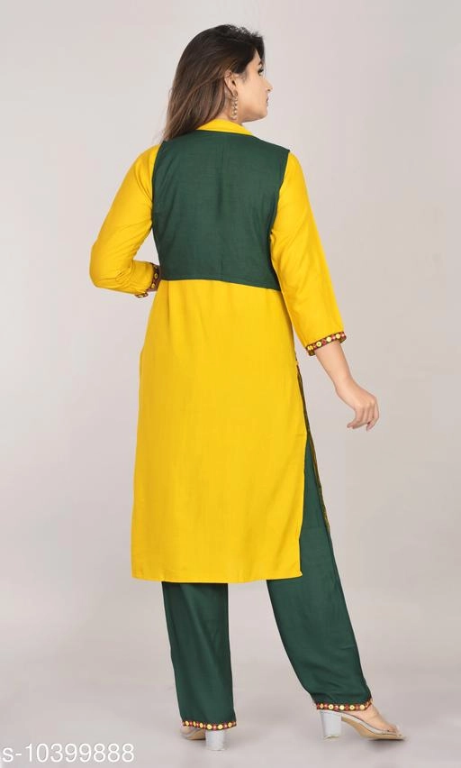 Rayon Slub Solid Kurti with Palazzo for Women (Yellow, M)