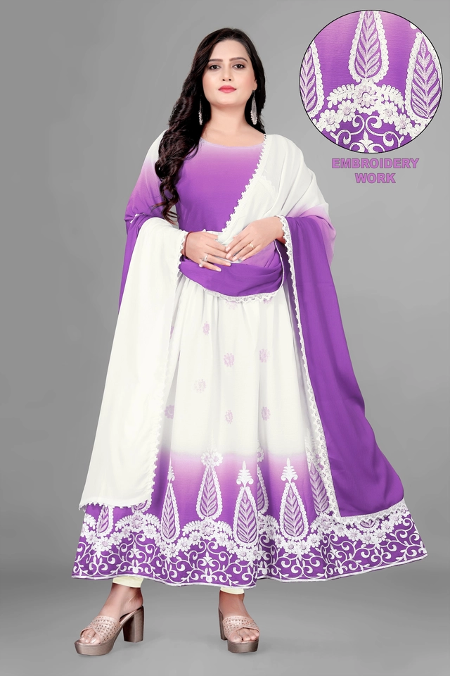 Jute Silk Ethnic Motif Gown with Dupatta for Women (Lavendar & White, S)