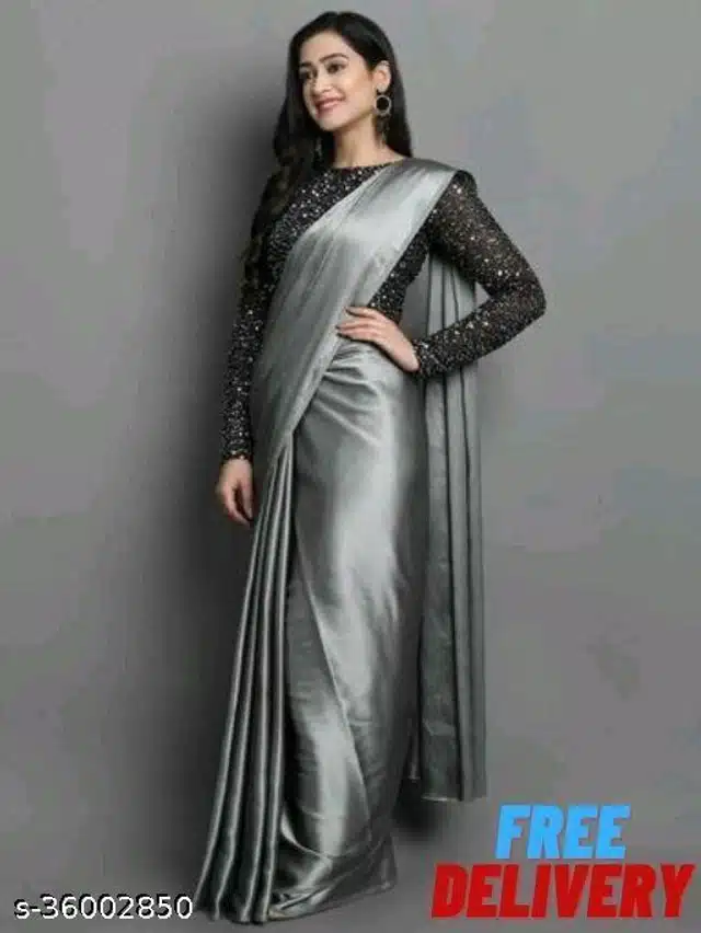 Satin Saree for Women (Grey, 6.3 m)