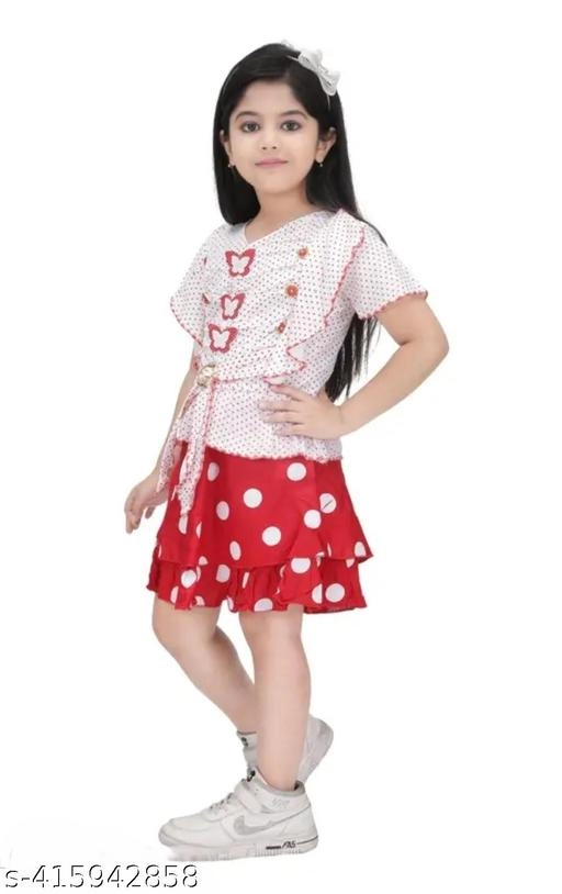 Rayon Printed Top & Skirt for Girls (White & Red, 3-6 Months)