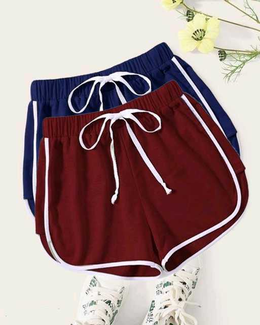 Powermerc Cotton Shorts for Women (Pack of 2) (Navy Blue & Maroon, 32) (P-104)
