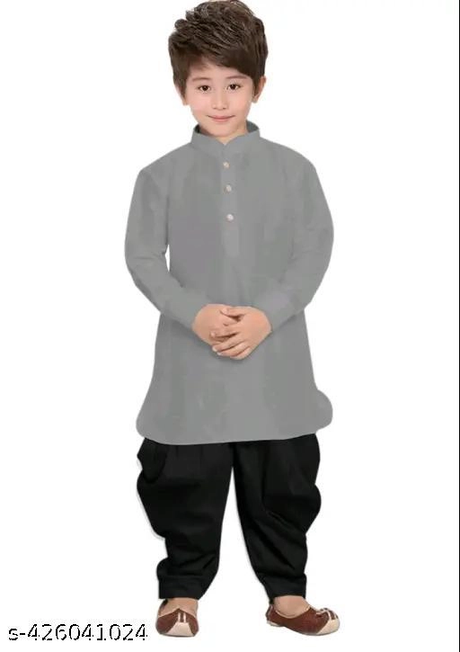 Cotton Solid Kurta with Pyjama for Boys (2-3 Years, Grey & Black)