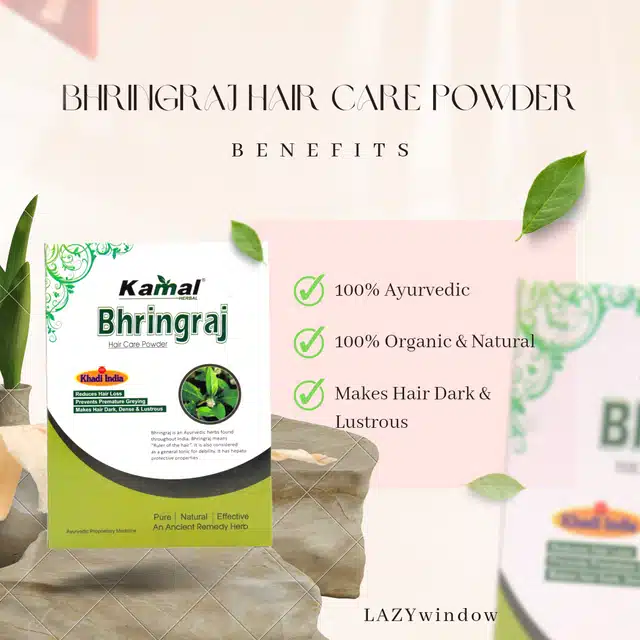 Khadi Kamal Herbal Bhringraj Powder with Oil, Onion Bhringraj Shampoo & Maha Bhringraj Oil (Pack of 4)