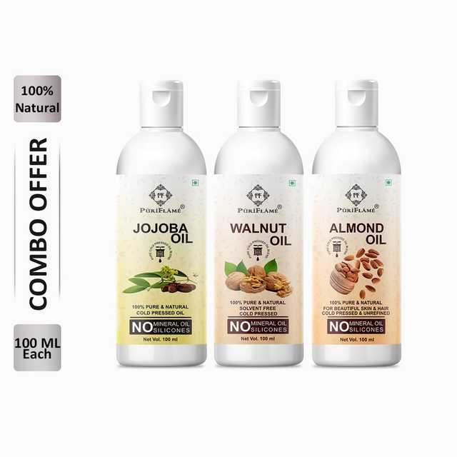 PuriFlame Pure Jojoba Oil (100 ml) & Walnut Oil (100 ml) & Almond Oil (100 ml) Combo For Rapid Hair Growth (Pack Of 3) (B-5310)
