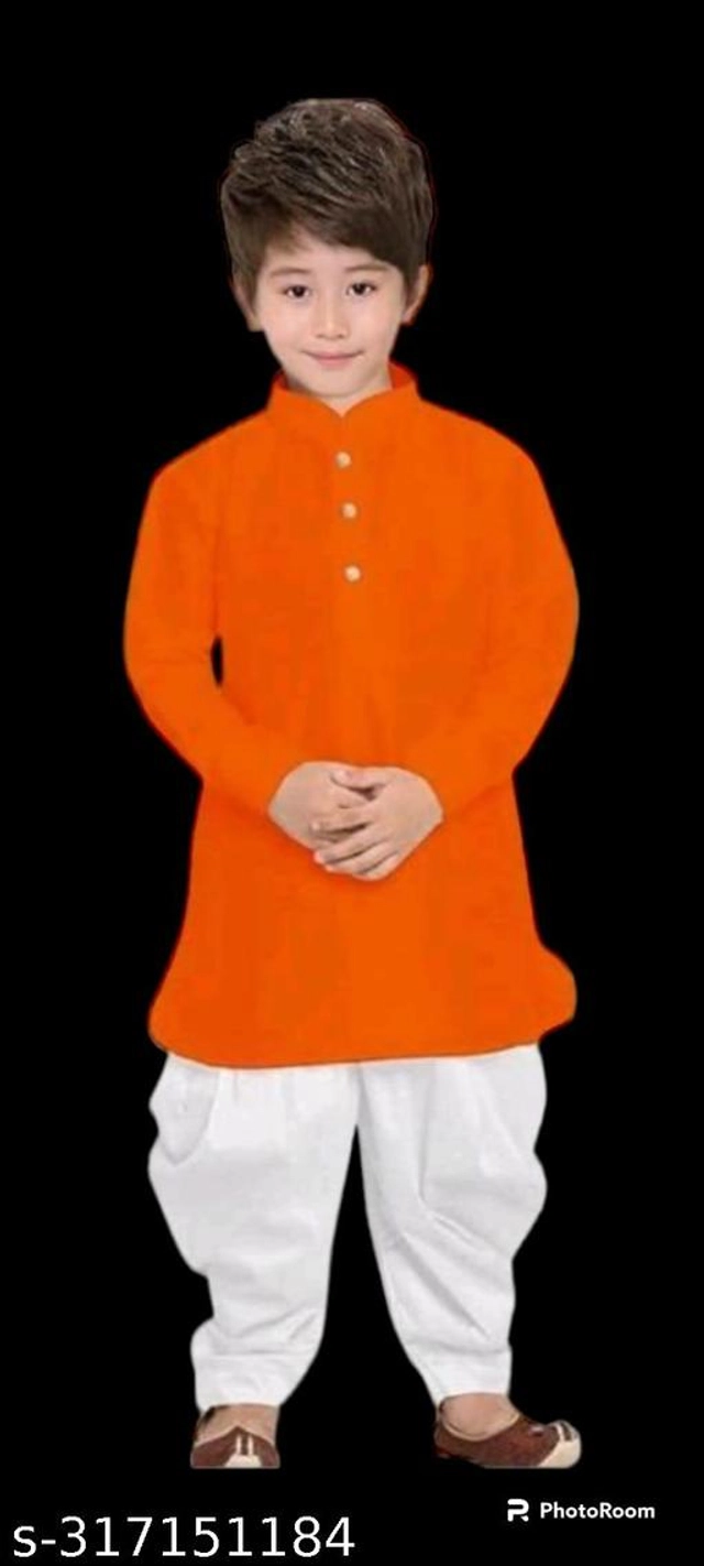 Cotton Blend Solid Kurta with Pyjama for Boys (Orange & White, 2-3 Years)