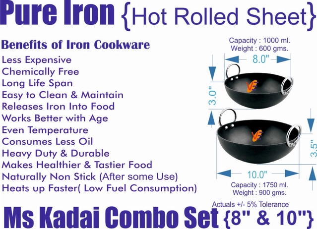 Iron Non Coated Kadhai (Black, 1 L & 2 L) (Set of 2)