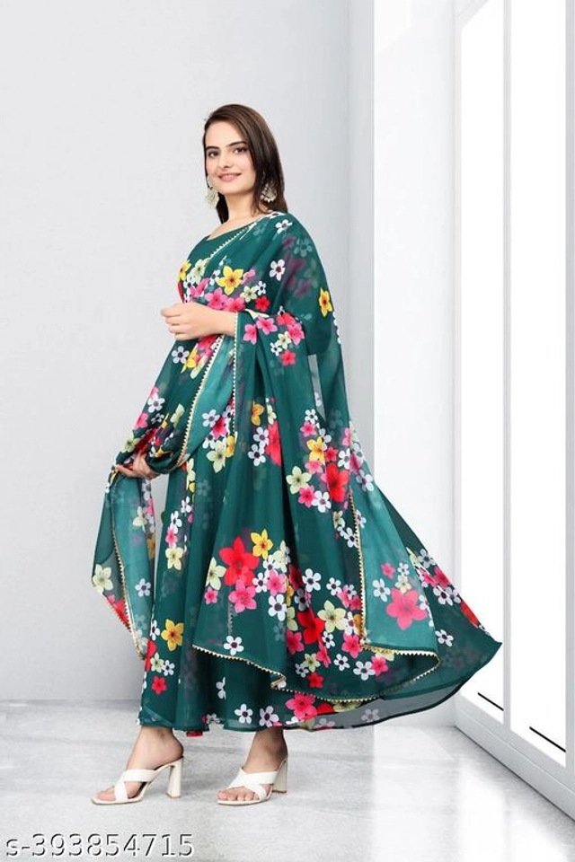 Georgette Printed Gown with Dupatta for Women (Bottle Green, S)