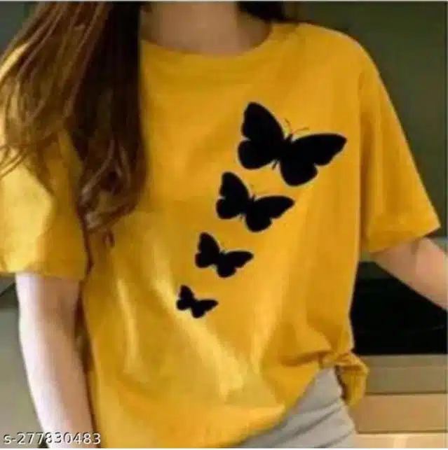 Cotton Blend Printed T-shirt for Women (Mustard, M )