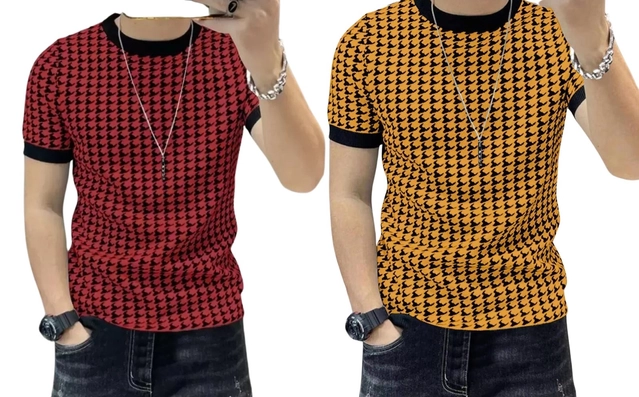 Round Neck Printed T-Shirt for Men (Maroon & Mustard, S) (Pack of 2)