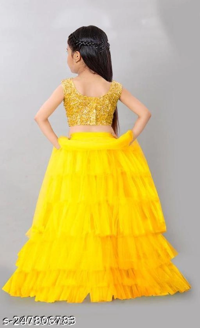 Net Solid Lehenga Choli with Dupatta for Girls (Yellow, 1-2 Years)