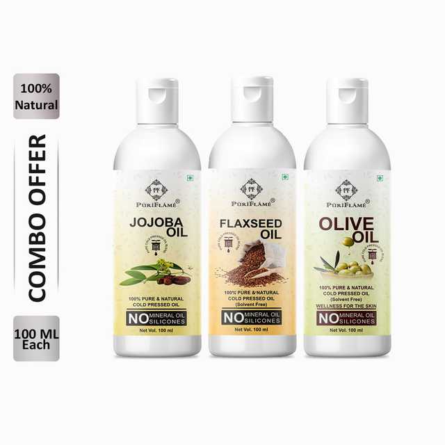 PuriFlame Pure Jojoba Oil (100 ml) & Flaxseed Oil (100 ml) & Olive Oil (100 ml) Combo For Rapid Hair Growth (Pack Of 3) (B-5142)