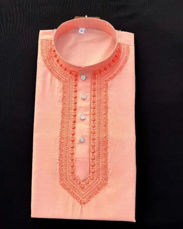 Cotton Blend Embroidered Kurta for Men (Peach, M)