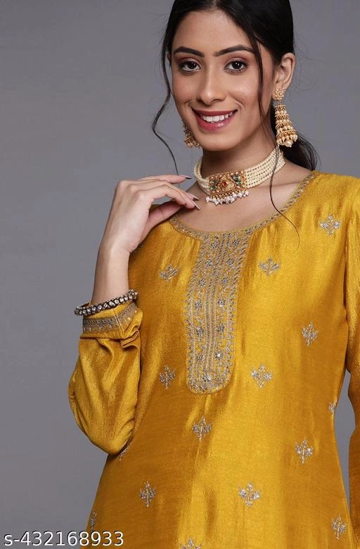 Silk Blend Embroidered Kurti for Women (Yellow, XS)