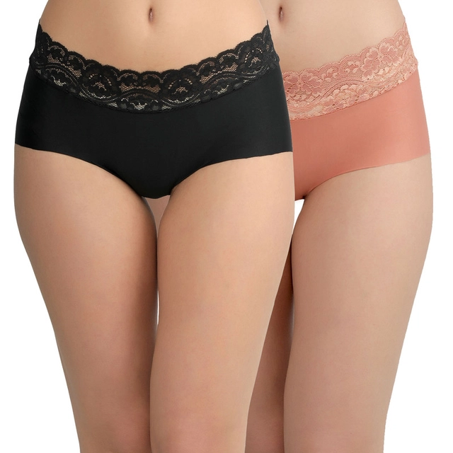 Cotton Blend Solid Briefs for Women (Peach & Black, S) (Pack of 2)