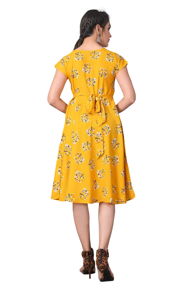 Crepe Skater Dress for Women (Yellow, M)
