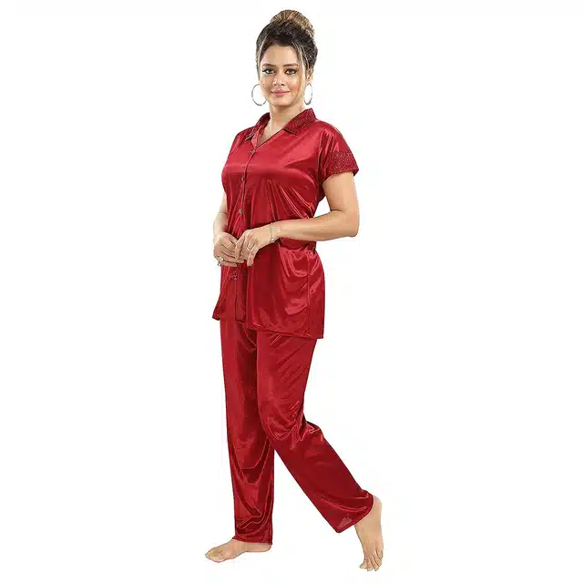 Satin T-Shirt with Trouser Nightsuit Set for Women (Maroon, M)