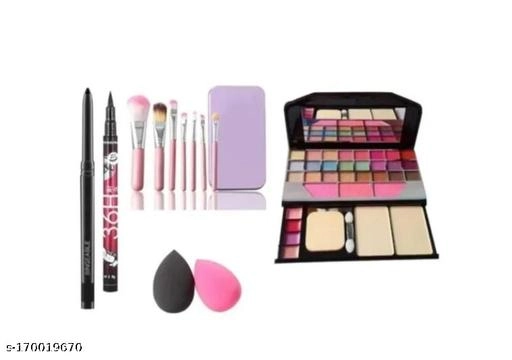 Combo of Makeupkit, Eyeliner, Kajal, 7 Pcs Makeup Brushes & 2 Pcs Makeup Blender (Multicolor, Set of 12)