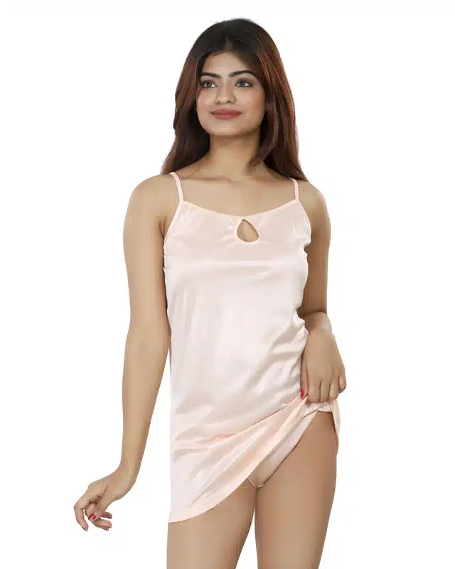 Satin Solid Nighty with Thong for Women (Peach, S)