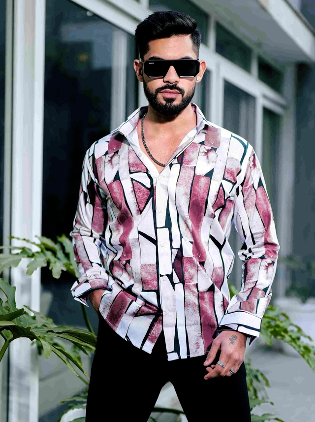 Full Sleeves Printed Shirt for Men (Pink & White, S)