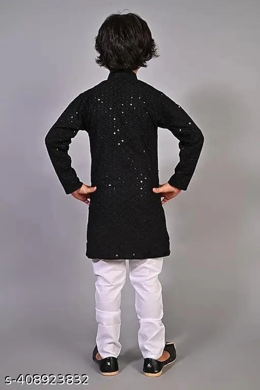 Rayon Embroidered Kurta with Pyjama for Boys (2-3 Years, Black & White)