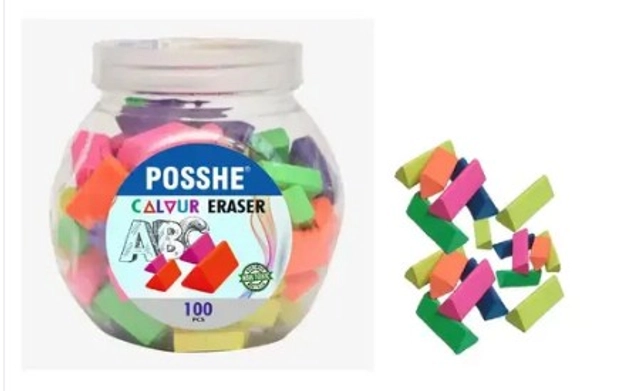 Posshe Tringle Erasers with Box for Kids (Multicolor, Pack of 100)