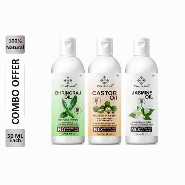 Puriflame Pure Bhringraj Oil (50 ml), Castor Oil (50 ml) & Jasmine Oil ( 50 ml) Combo for Rapid Hair Growth (Pack Of 3) (B-9281)