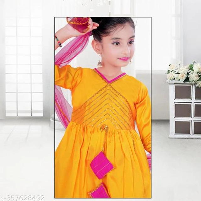 Poly Silk Kurta Sets for Girls (Yellow & Pink, 2-3 Years)