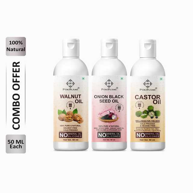 Puriflame Pure Walnut Oil (50 ml), Onion Black Seed Oil (50 ml) & Castor Oil (50 ml) Combo for Rapid Hair Growth (Pack Of 3) (B-14039)