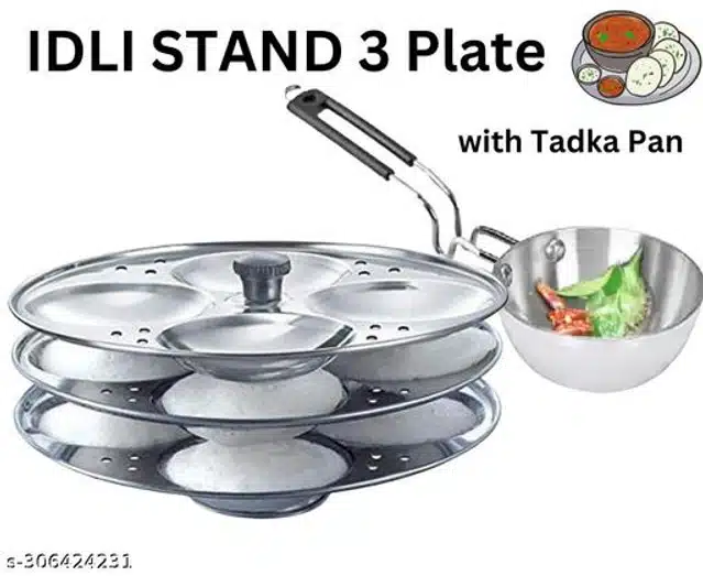 Stainless Steel 3 Plate Idli Maker with Tadka Pan (Silver, Set of 2)