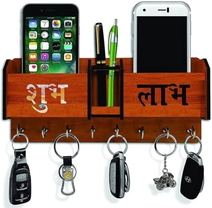 JAIPUR WOODEN CRAFTS Wooden Keyholder- Shubh Labh & Single Flower (Pack of 2)