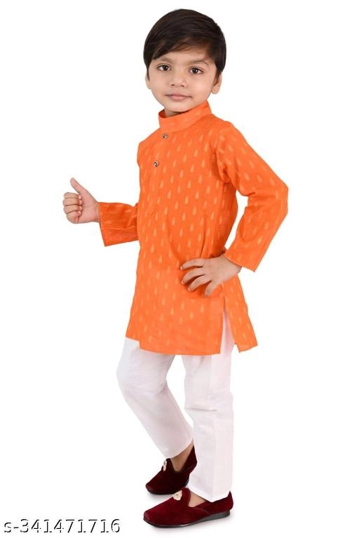 Cotton Blend Printed Kurta with Pyjama for Boys (Orange & White, 6-12 Months)