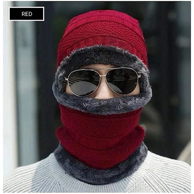 Woolen Cap with Neck Warmer for Men (Red)