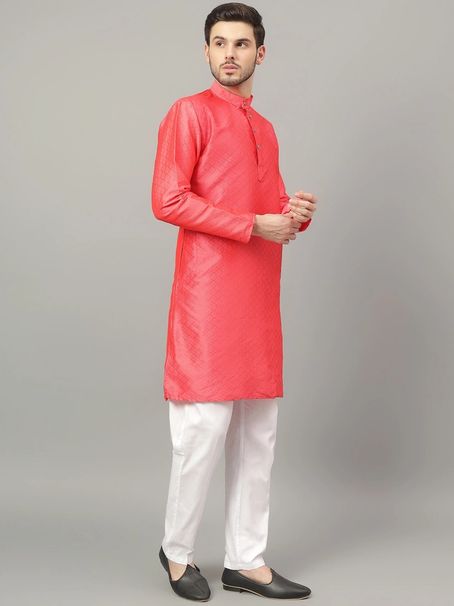 Jacquard Solid Kurta with Pant for Men (Peach, S)