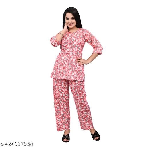 Rayon Printed Nightsuit for Women (Red, S)