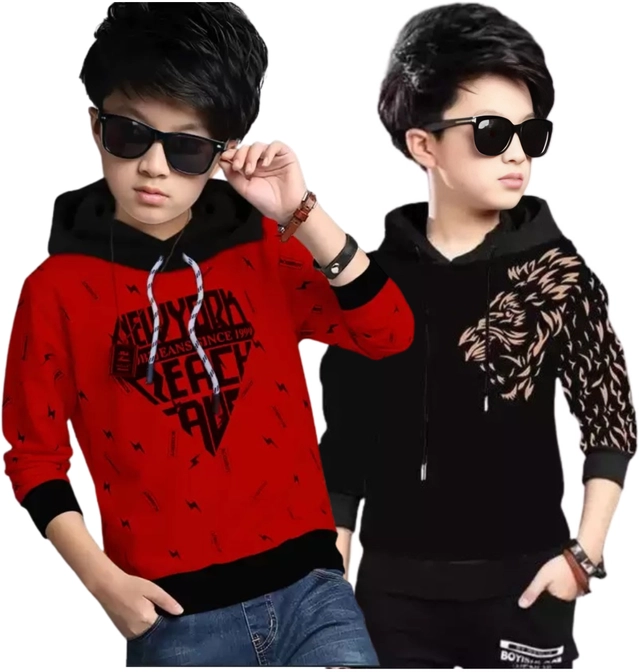 Cotton Blend Printed Hoodies for Boys (Red & Black, 2-3 Years) (Pack of 2)