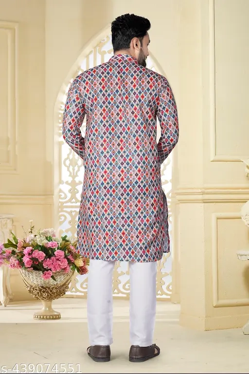 Cotton Ethnic Motif Kurta for Men (Multicolor, L)